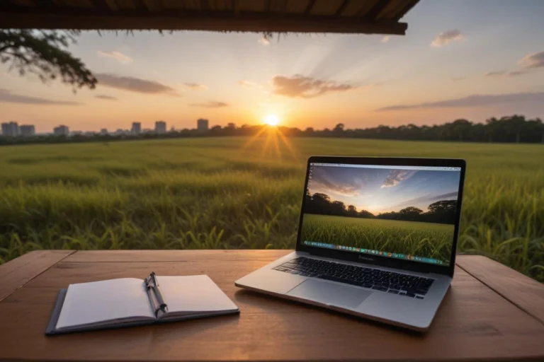 Notebook com tela desfocada e esferas sobre uma mesa doméstica iluminada pela luz do entardecer.