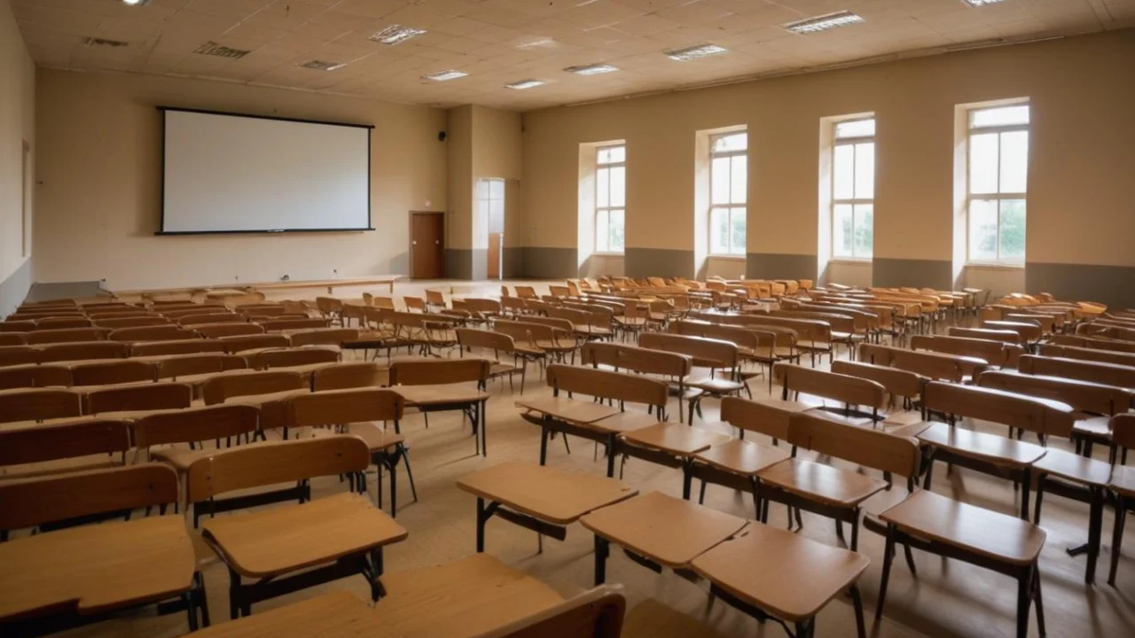 Sala de aula com carteiras escolares vazias e luz de fim de tarde pelas janelas
