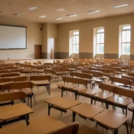 Sala de aula com carteiras escolares vazias e luz de fim de tarde pelas janelas