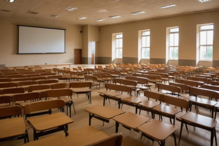 Sala de aula com carteiras escolares vazias e luz de fim de tarde pelas janelas