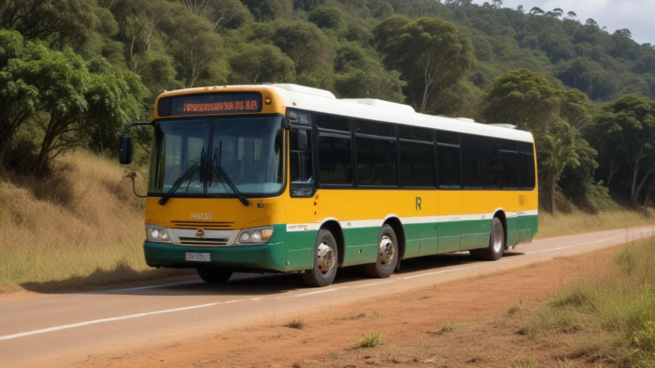 Ônibus do transporte público em rodovia de paisagem verde próxima a Caçapava
