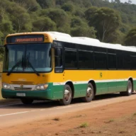 Ônibus do transporte público em rodovia de paisagem verde próxima a Caçapava