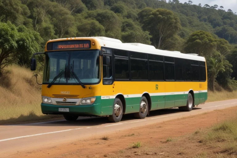 Ônibus do transporte público em rodovia de paisagem verde próxima a Caçapava