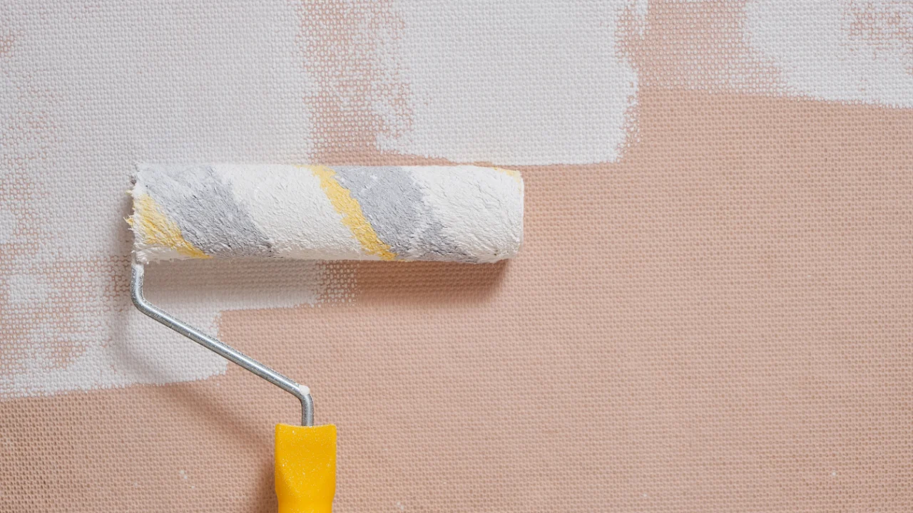 Parede de alvenaria sendo pintada com rolo e tinta branca durante serviço de manutenção