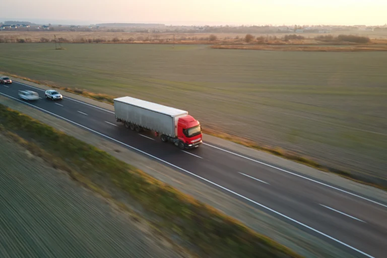 Caminhão de carga trafega em rodovia de pista dupla cercada por plantações ao entardecer