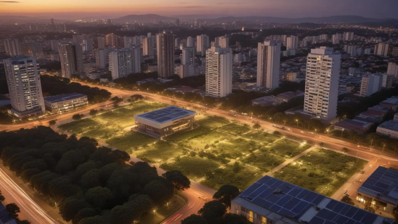 Vista urbana com prédios e áreas verdes ao entardecer; não é registro da manifestação.