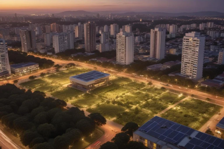 Vista urbana com prédios e áreas verdes ao entardecer; não é registro da manifestação.