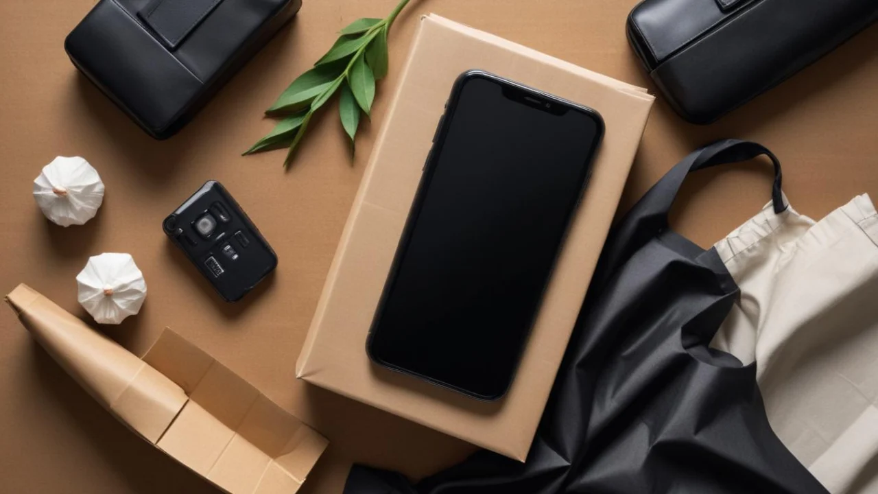 Celular com tela apagada e objetos de compras, sem relação documental com o crime.