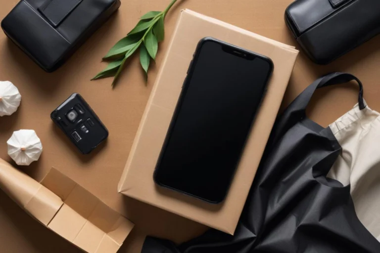 Celular com tela apagada e objetos de compras, sem relação documental com o crime.
