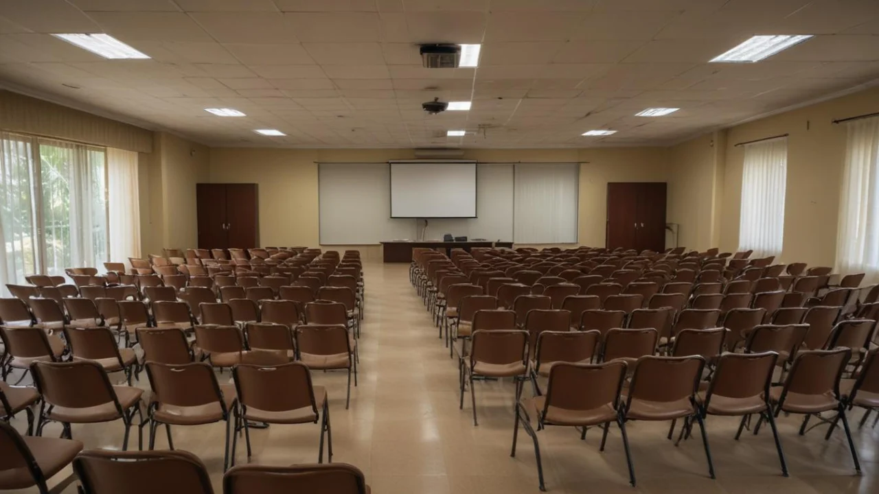 Sala de reuniões vazia com cadeiras e iluminação natural na região de Campinas