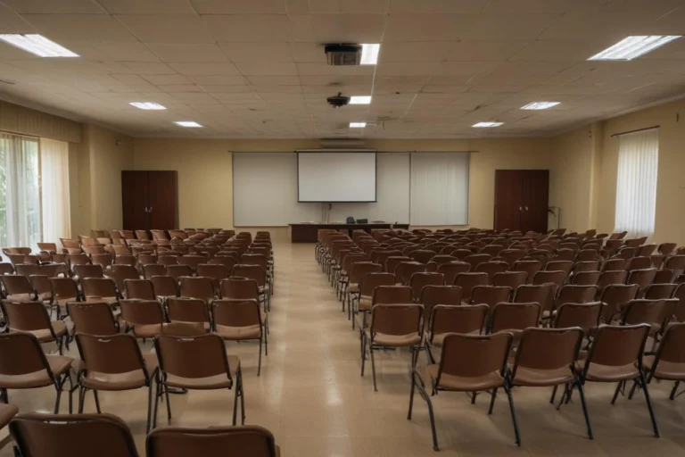 Sala de reuniões vazia com cadeiras e iluminação natural na região de Campinas