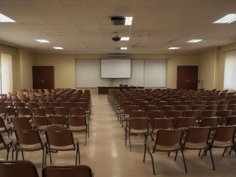 Sala de reuniões vazia com cadeiras e iluminação natural na região de Campinas