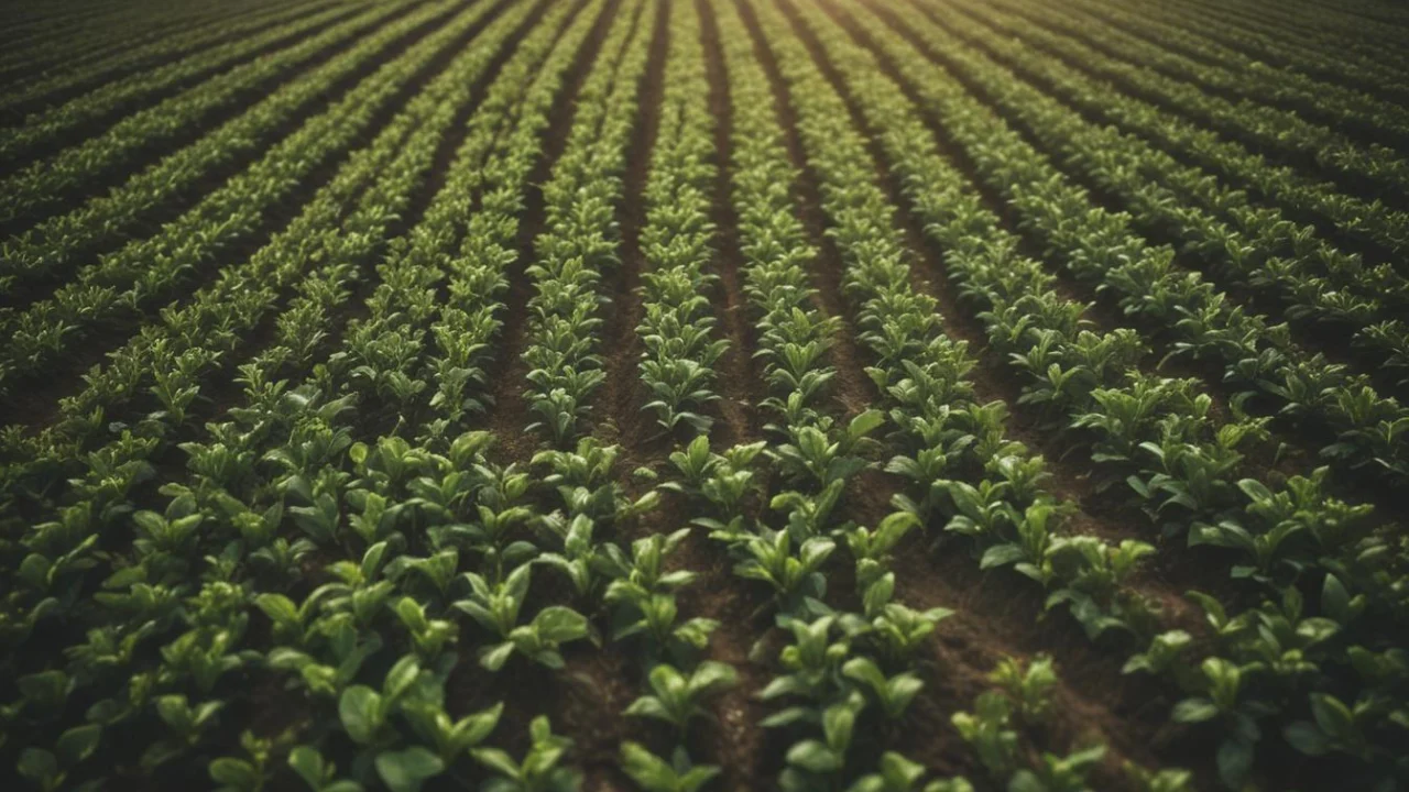 Fileiras de plantas verduras em área de pesquisa agrícola sob luz suave de sol