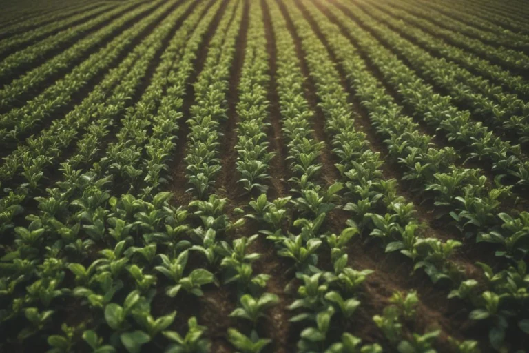 Fileiras de plantas verduras em área de pesquisa agrícola sob luz suave de sol
