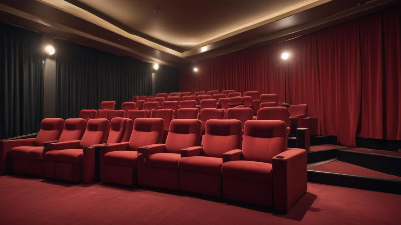 Pequena sala de cinema com poltronas vermelhas vazias e iluminação suave