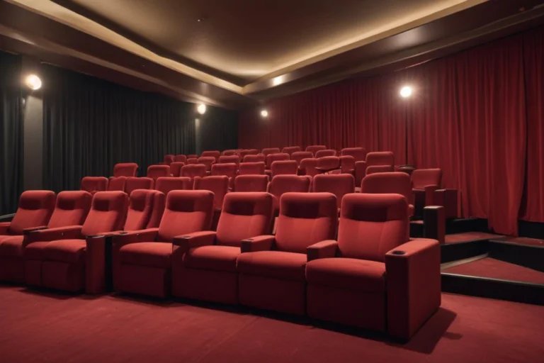 Pequena sala de cinema com poltronas vermelhas vazias e iluminação suave