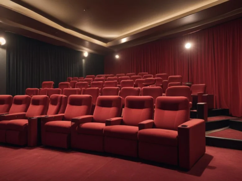Pequena sala de cinema com poltronas vermelhas vazias e iluminação suave