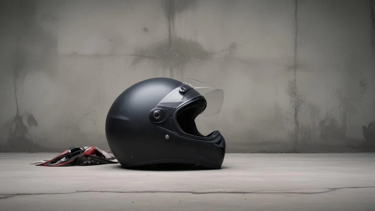 Capacete preto sobre concreto, sem relação documental com o roubo.