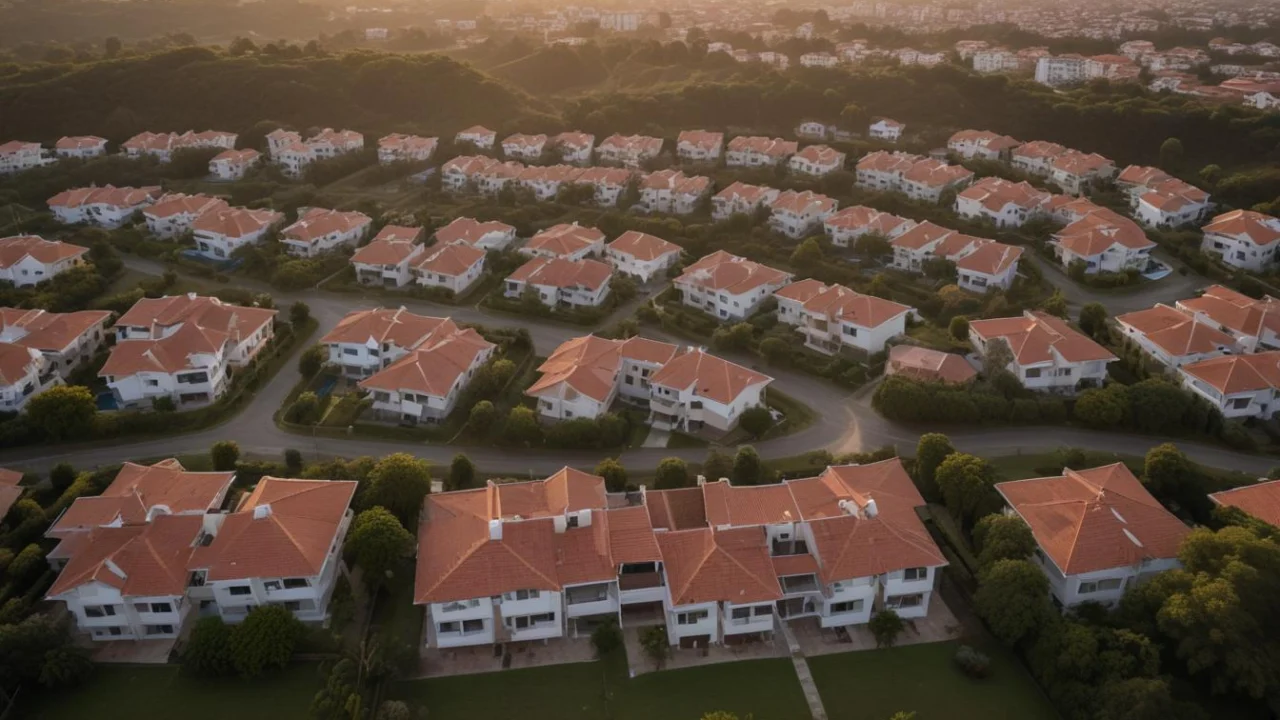 Vista aérea de bairro residencial de Campinas ao amanhecer, com casas, ruas arborizadas e avenida larga