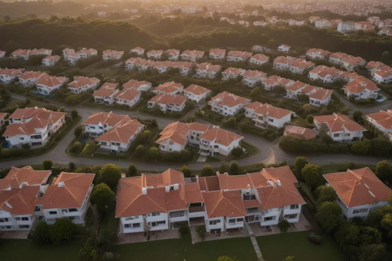 Vista aérea de bairro residencial de Campinas ao amanhecer, com casas, ruas arborizadas e avenida larga