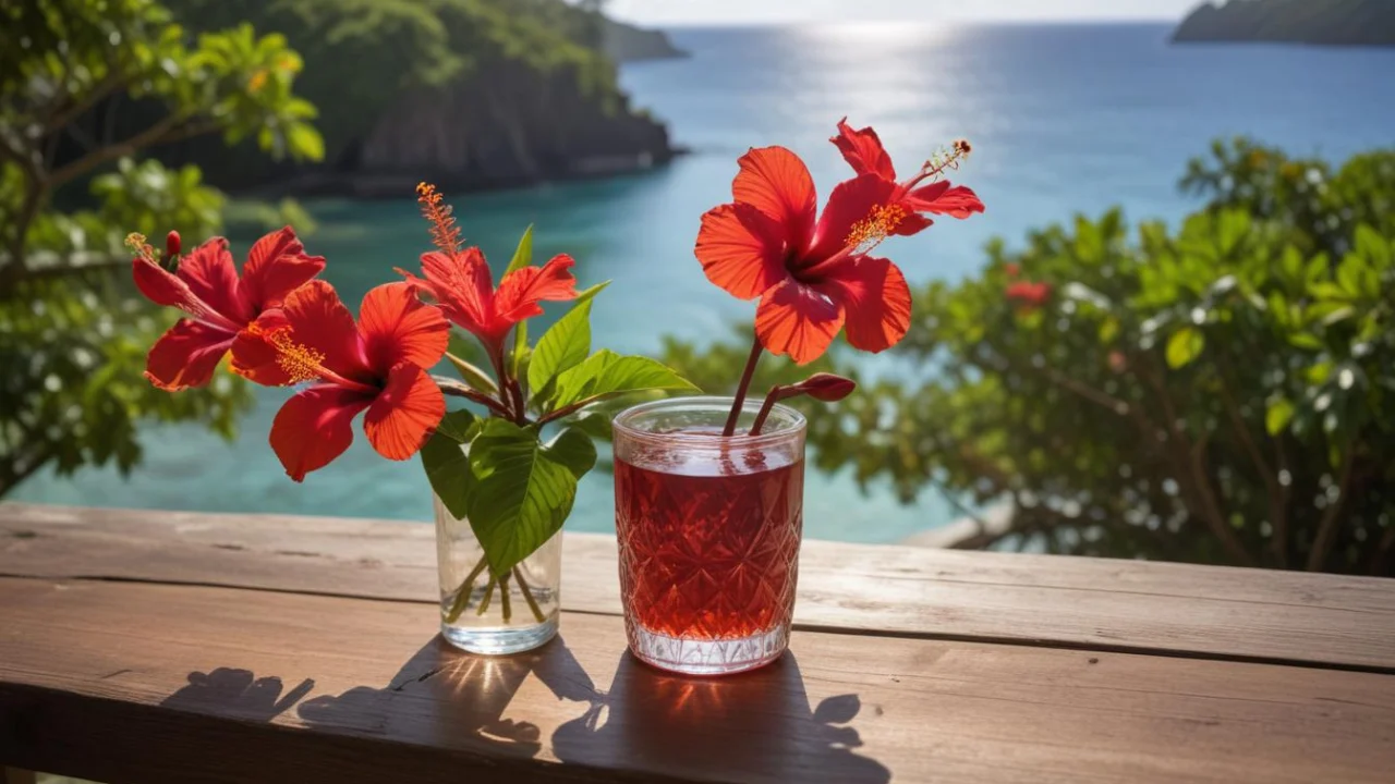 Flores de hibisco vermelhas em vaso de vidro sobre mesa de madeira