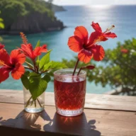 Flores de hibisco vermelhas em vaso de vidro sobre mesa de madeira