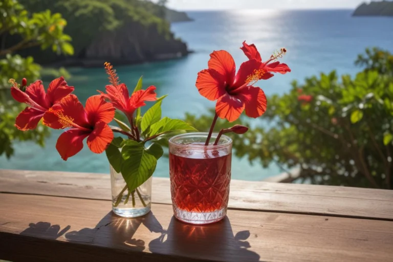 Flores de hibisco vermelhas em vaso de vidro sobre mesa de madeira