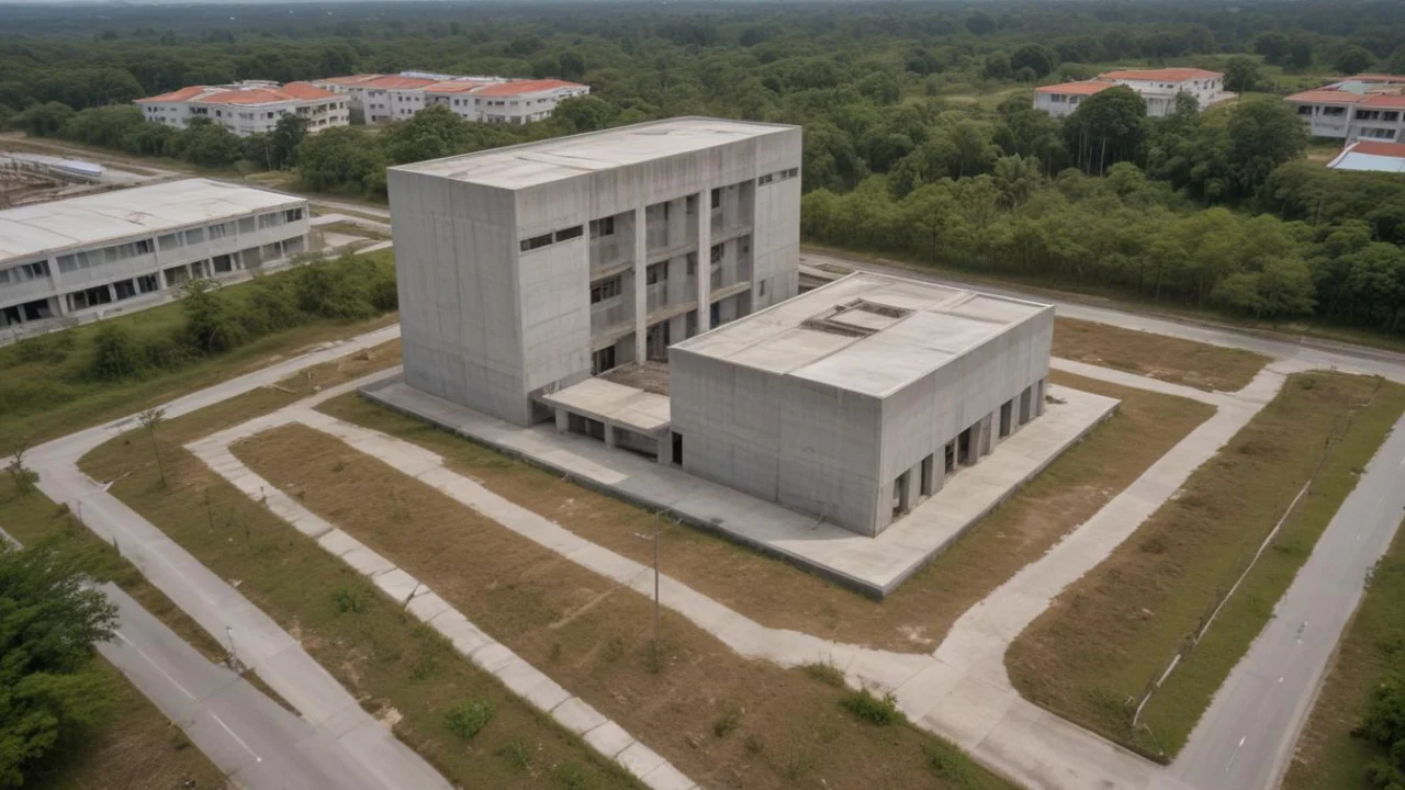 Prédio público de concreto e vidro visto de cima, em área arborizada