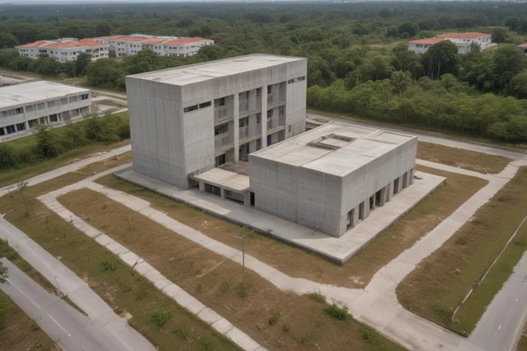 Prédio público de concreto e vidro visto de cima, em área arborizada