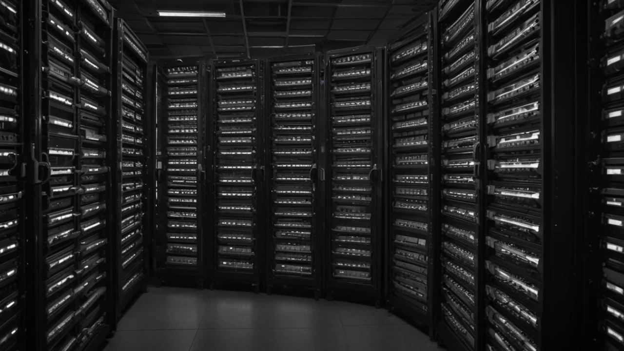 Corredor de data center com fileiras de racks de servidores iluminados