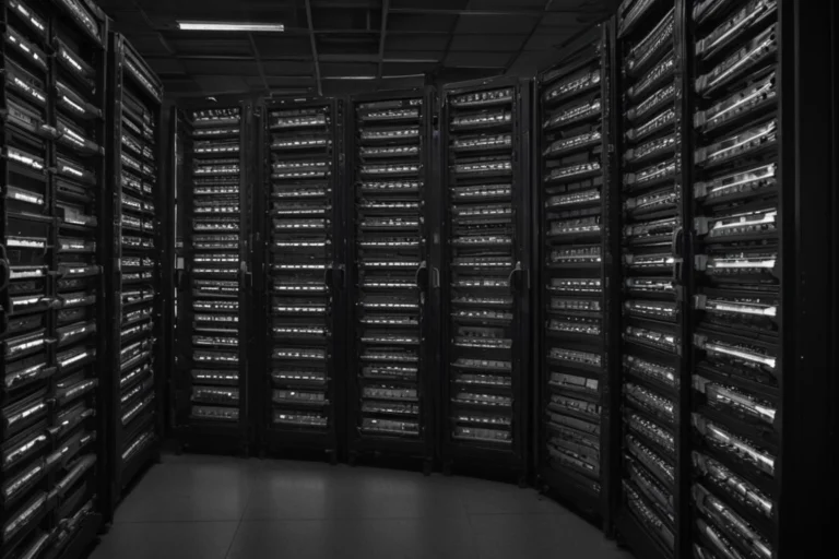 Corredor de data center com fileiras de racks de servidores iluminados