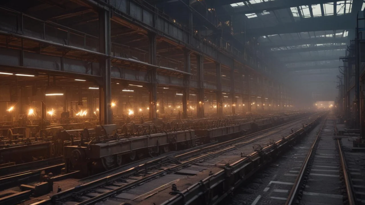 Interior de galpão industrial vazio, com estruturas metálicas e iluminação suave