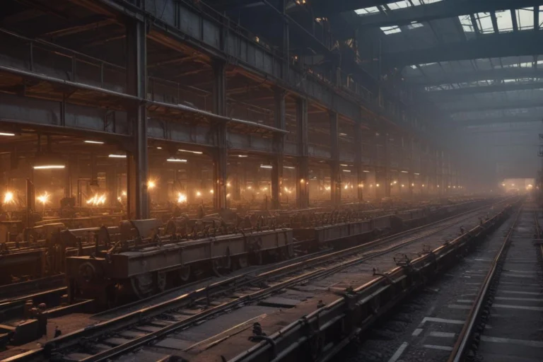 Interior de galpão industrial vazio, com estruturas metálicas e iluminação suave