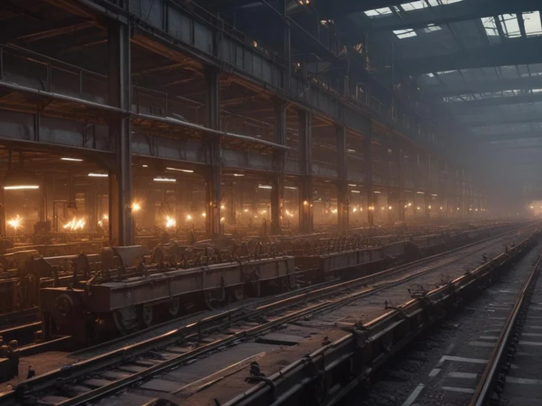 Interior de galpão industrial vazio, com estruturas metálicas e iluminação suave