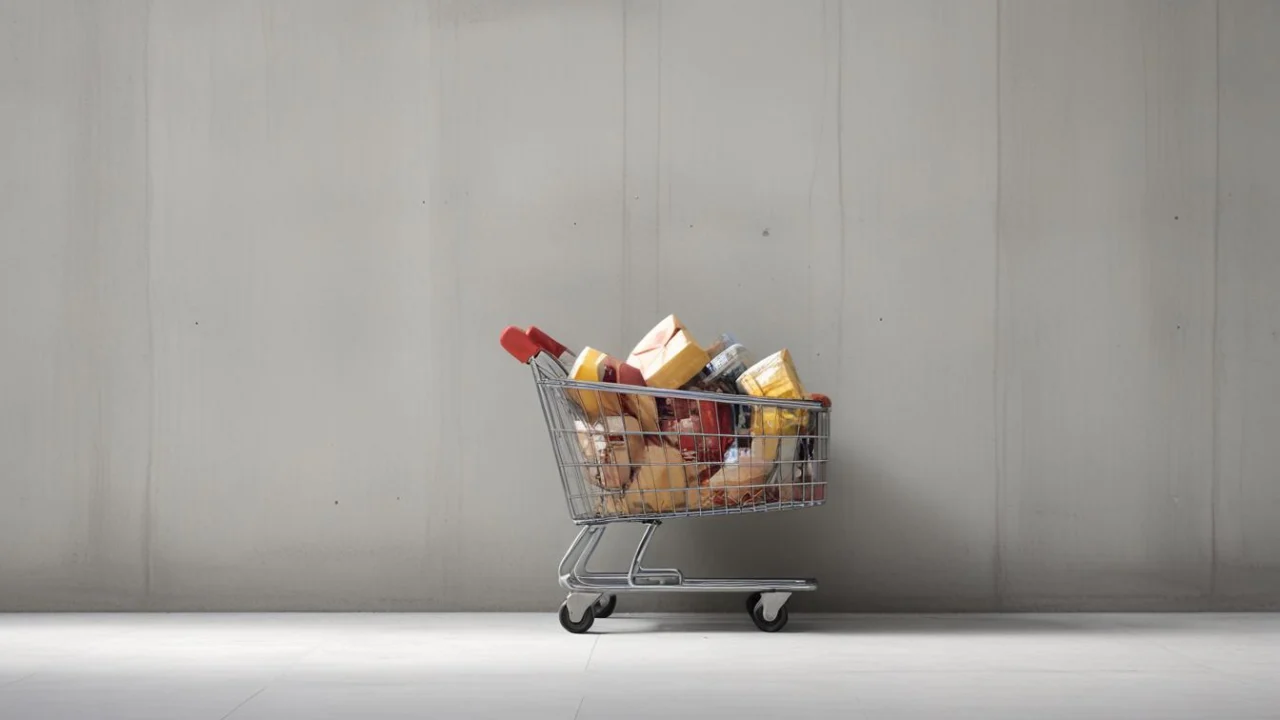 Carrinho de compras com produtos em ambiente comercial de paredes claras
