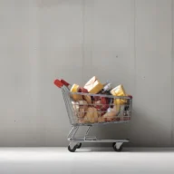 Carrinho de compras com produtos em ambiente comercial de paredes claras