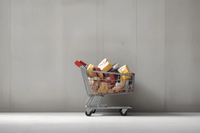Carrinho de compras com produtos em ambiente comercial de paredes claras