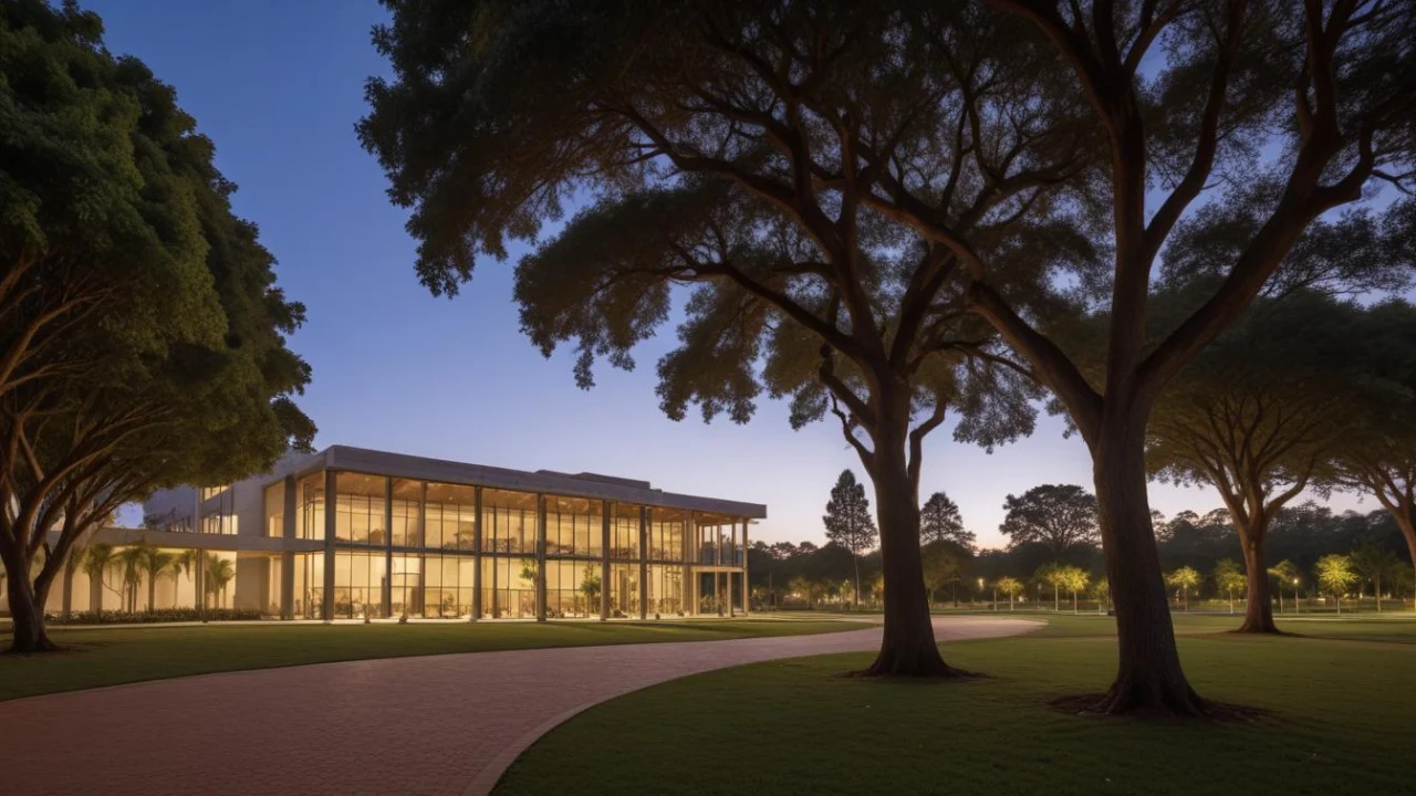 Campus de inovação com edifício envidraçado, jardins e árvores ao amanhecer