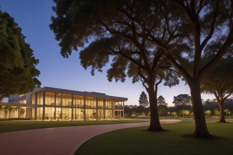 Campus de inovação com edifício envidraçado, jardins e árvores ao amanhecer