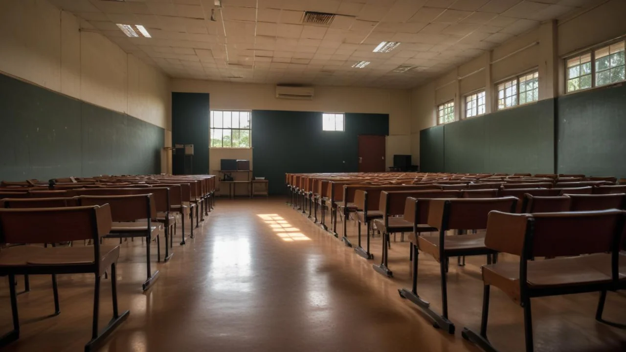 Sala de aula vazia com carteiras em fileiras e luz natural entrando pelas janelas.