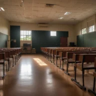 Sala de aula vazia com carteiras em fileiras e luz natural entrando pelas janelas.