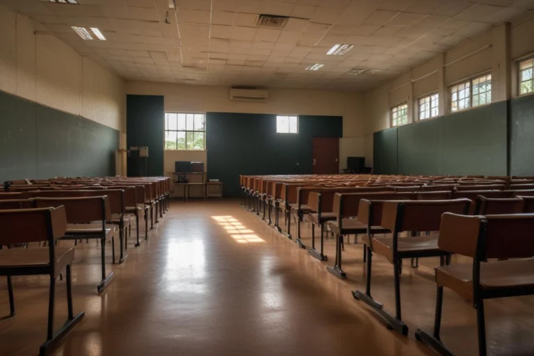 Sala de aula vazia com carteiras em fileiras e luz natural entrando pelas janelas.