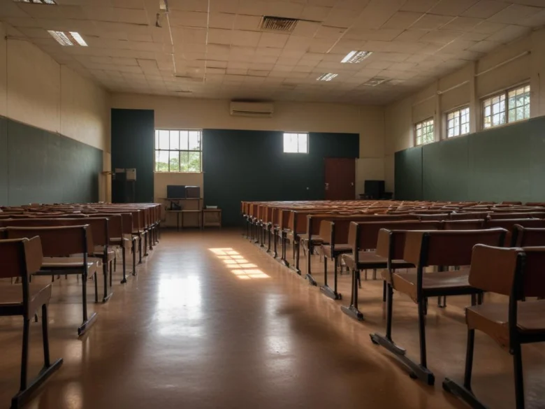 Sala de aula vazia com carteiras em fileiras e luz natural entrando pelas janelas.