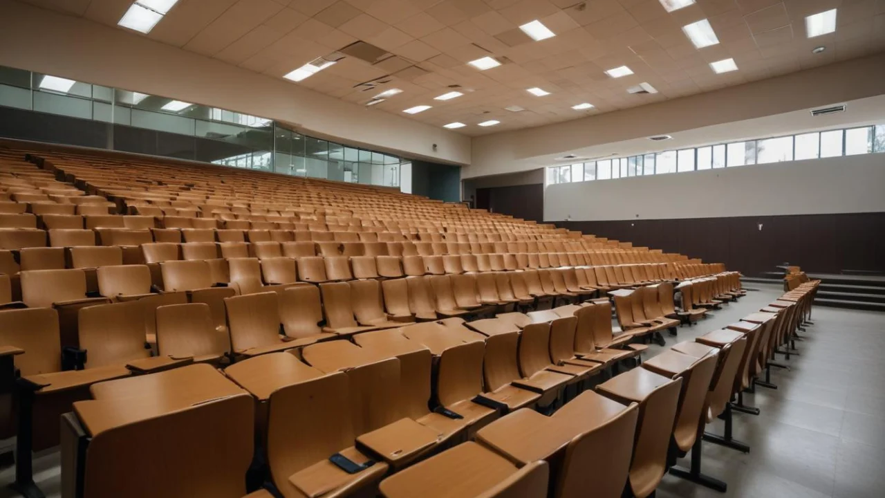 Anfiteatro universitário vazio com fileiras de carteiras de madeira e amplas janelas