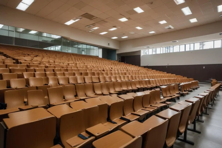 Anfiteatro universitário vazio com fileiras de carteiras de madeira e amplas janelas