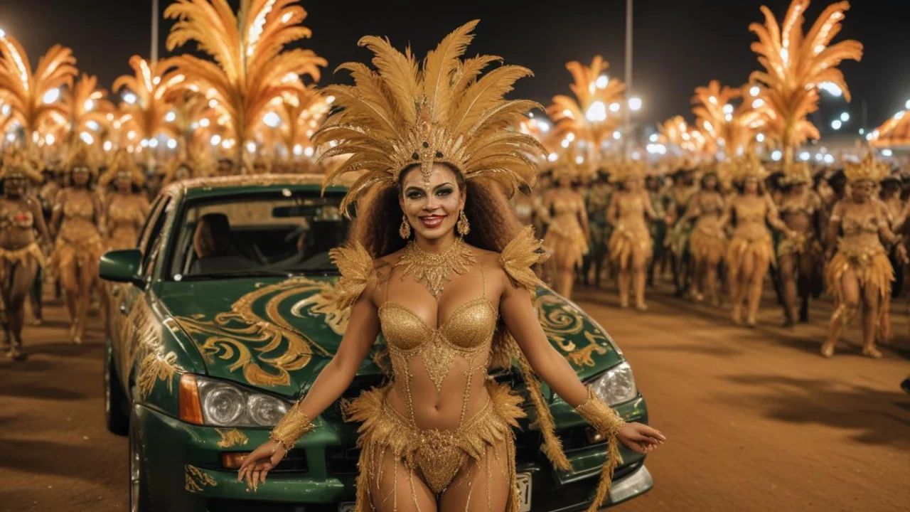 Desfile de carnaval noturno com carro alegórico iluminado e multidão na avenida