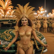 Desfile de carnaval noturno com carro alegórico iluminado e multidão na avenida