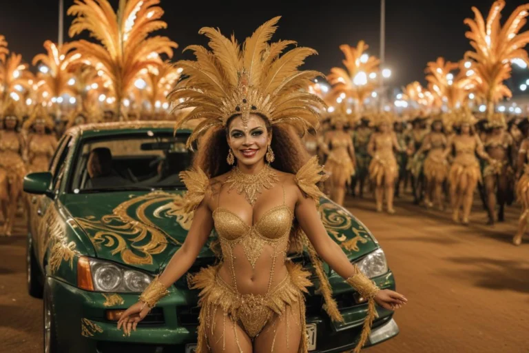 Desfile de carnaval noturno com carro alegórico iluminado e multidão na avenida