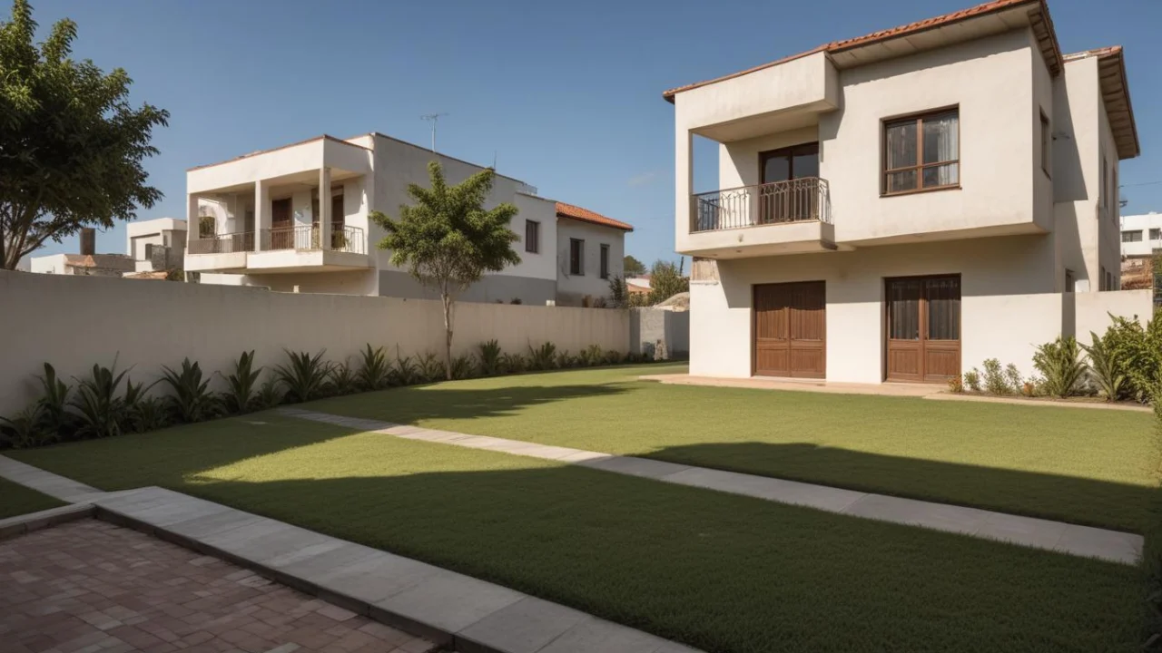 Rua residencial com casas de muro baixo e jardim, em um dia de céu aberto