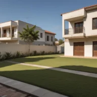 Rua residencial com casas de muro baixo e jardim, em um dia de céu aberto